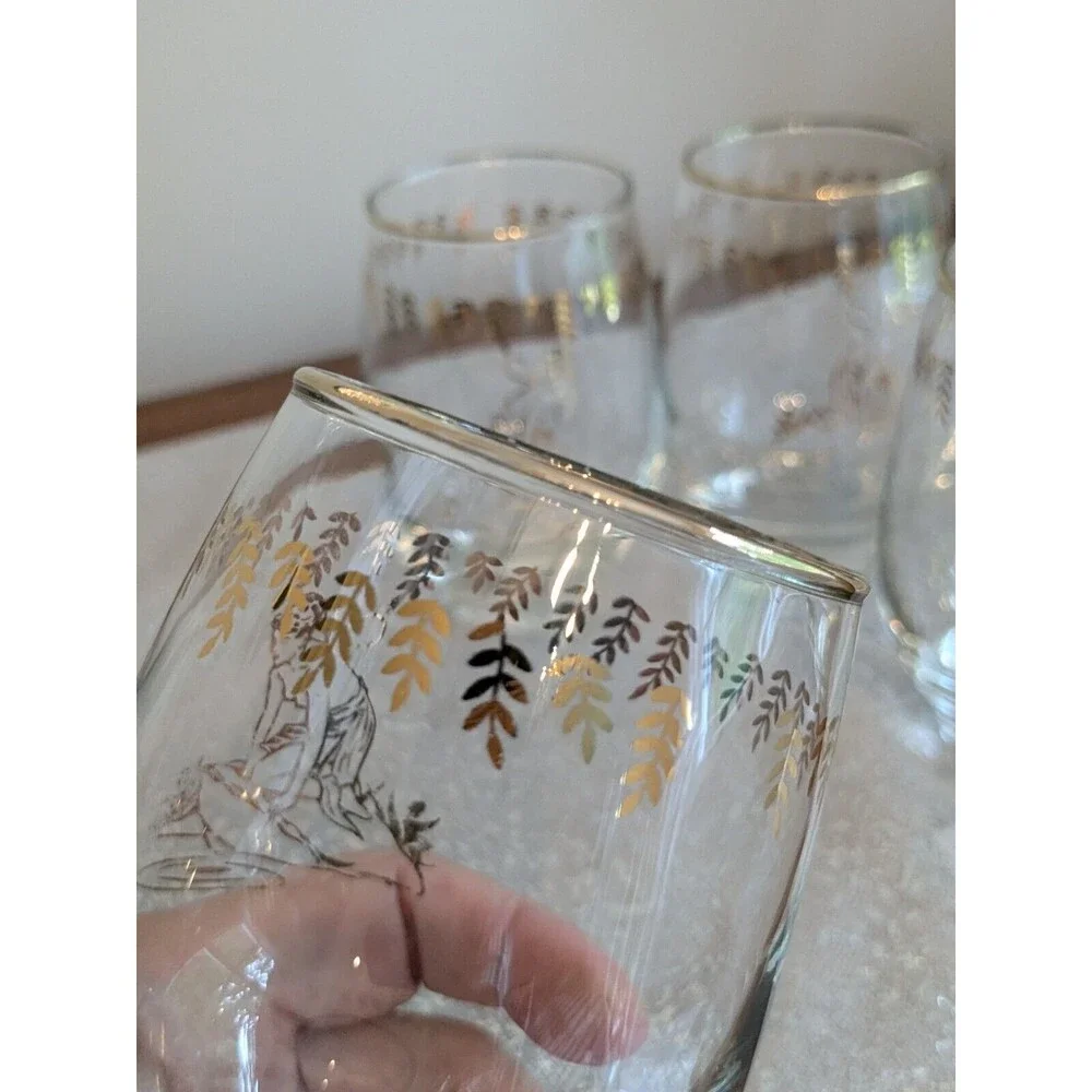White Rock Tumblers Set 4 Nymph Fairy VTG GingerAle Gold Paint Glass MCM 50s 60s